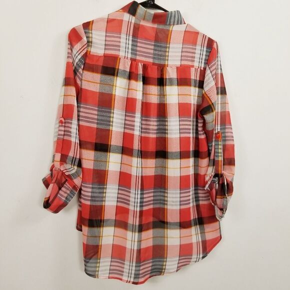 Tartan Plaid Sheer High Low Western Inspired Button Up Shirt - Picture 2 of 7